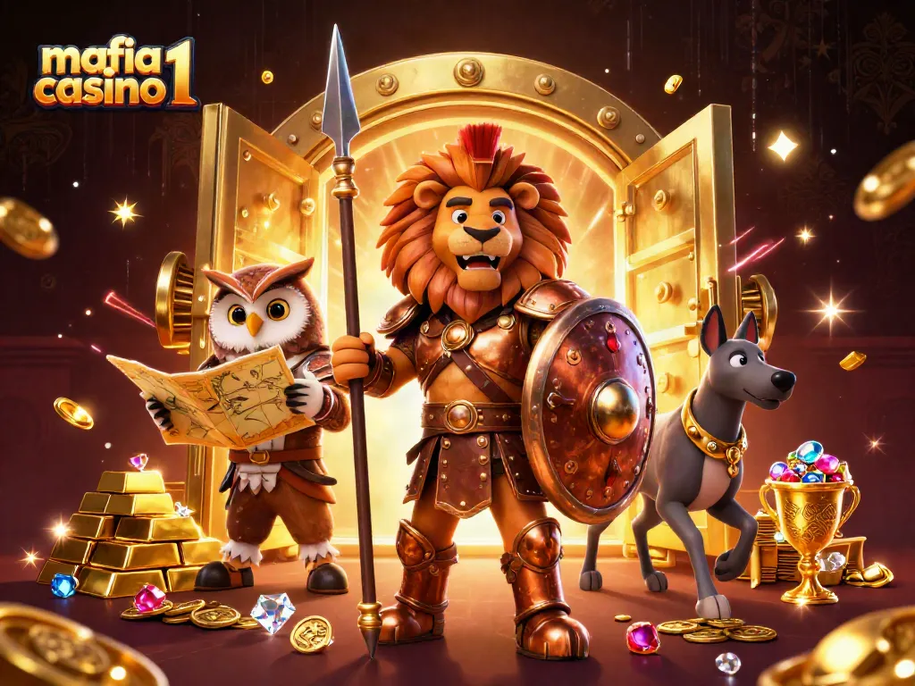 Spin to win at mafia casino 1 with the Spartan lion, owl strategist, and greyhound messenger!