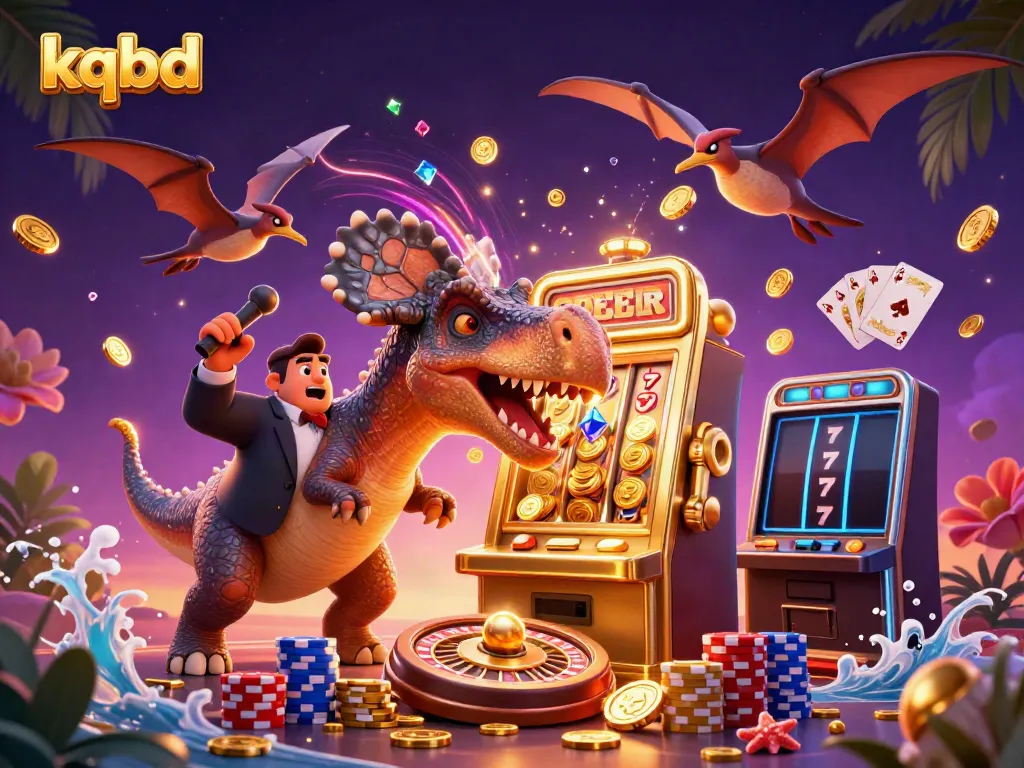 kqbd depicts an exciting casino scene with dinosaurs celebrating a jackpot win amidst flying coins.