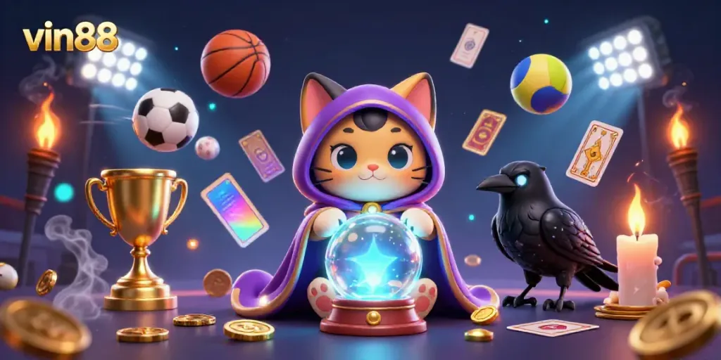 Experience thrilling gaming at vin88 with a mystical cat, glowing raven, and dynamic sports elements.