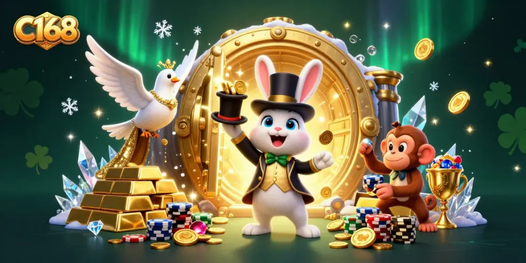 C168 showcases a magical casino scene with cartoon characters pulling treasures, engaging gamblers with exciting gameplay.