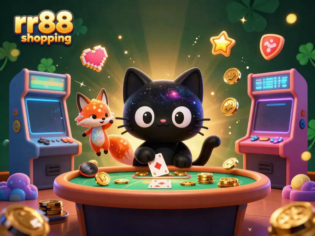 Experience the energetic universe of rr88 shopping where a black hole cat charms golden casino chips at a cosmic table.