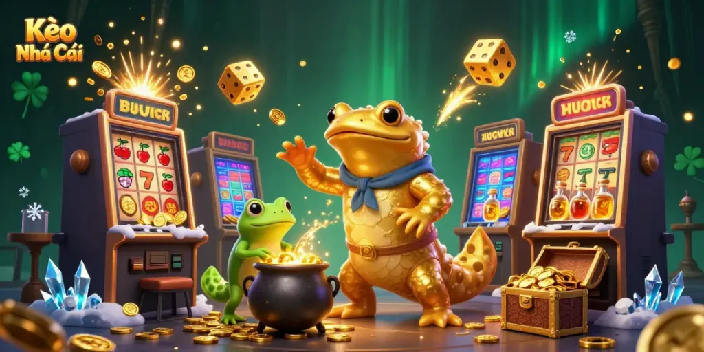 Kèo Nhà Cái: A vibrant scene illustrating the excitement of casino gambling with dynamic elements and characters.