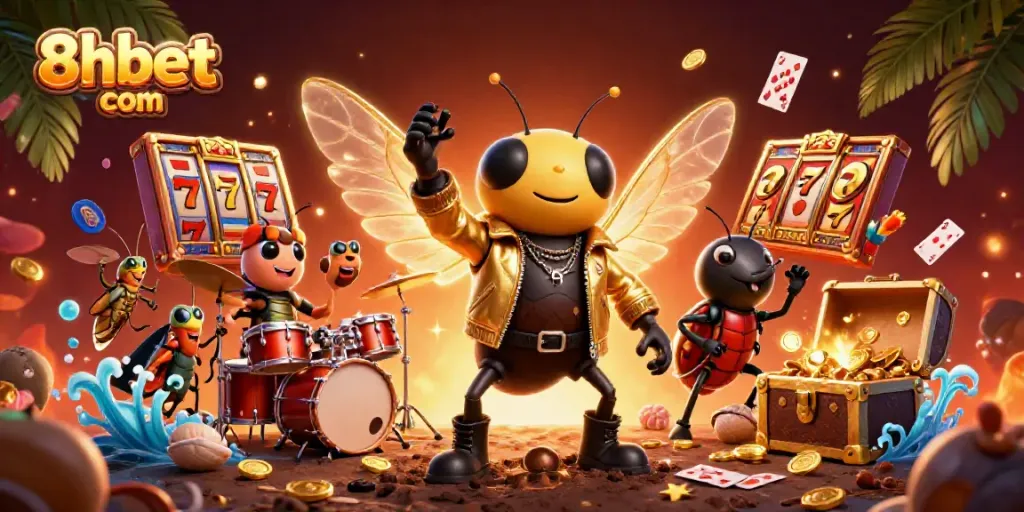 Engaging 3D scene featuring characters celebrating around 8xbet com slot games with gold coins and vibrant elements.