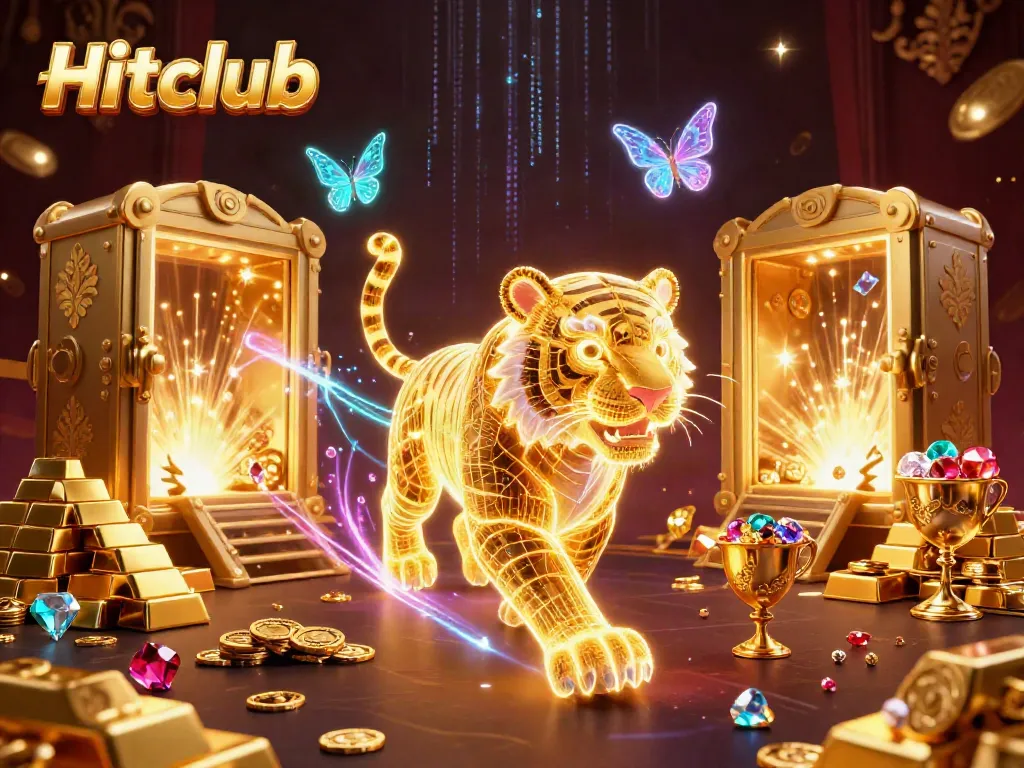Experience thrilling play at Hitclub with the golden tiger in a vibrant casino landscape.