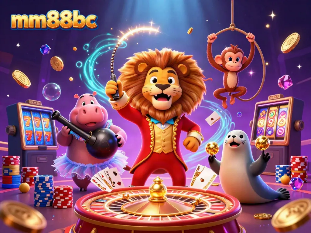 Experience thrilling moments at mm88bc with a vibrant circus-themed casino scene bringing games to life.