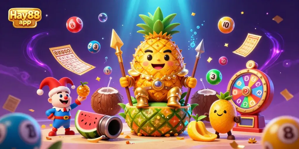 Experience the excitement of casino gaming with the dynamic Hay88 app illustration featuring the golden pineapple king.
