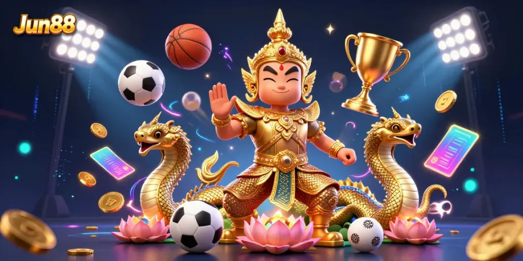Experience dynamic gambling excitement with Jun88's vibrant casino environment featuring sports action.