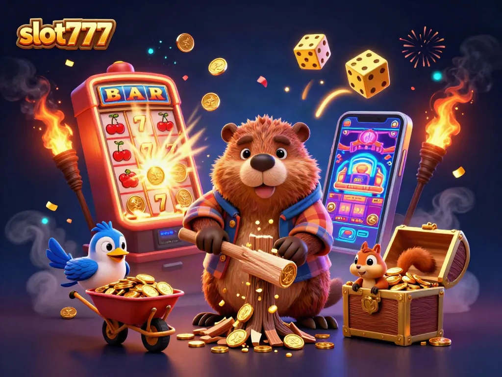 Engage in thrilling slot777 action as a cartoon beaver and friends celebrate big wins in a vibrant 3D casino scene.
