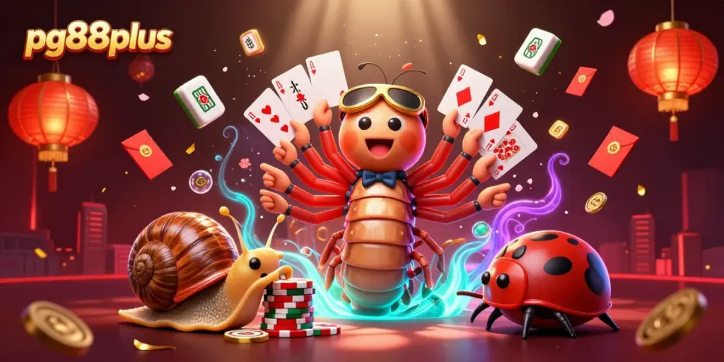 Engage in thrilling gameplay at pg88plus featuring a unique cartoon millipede dealer and exciting casino elements.