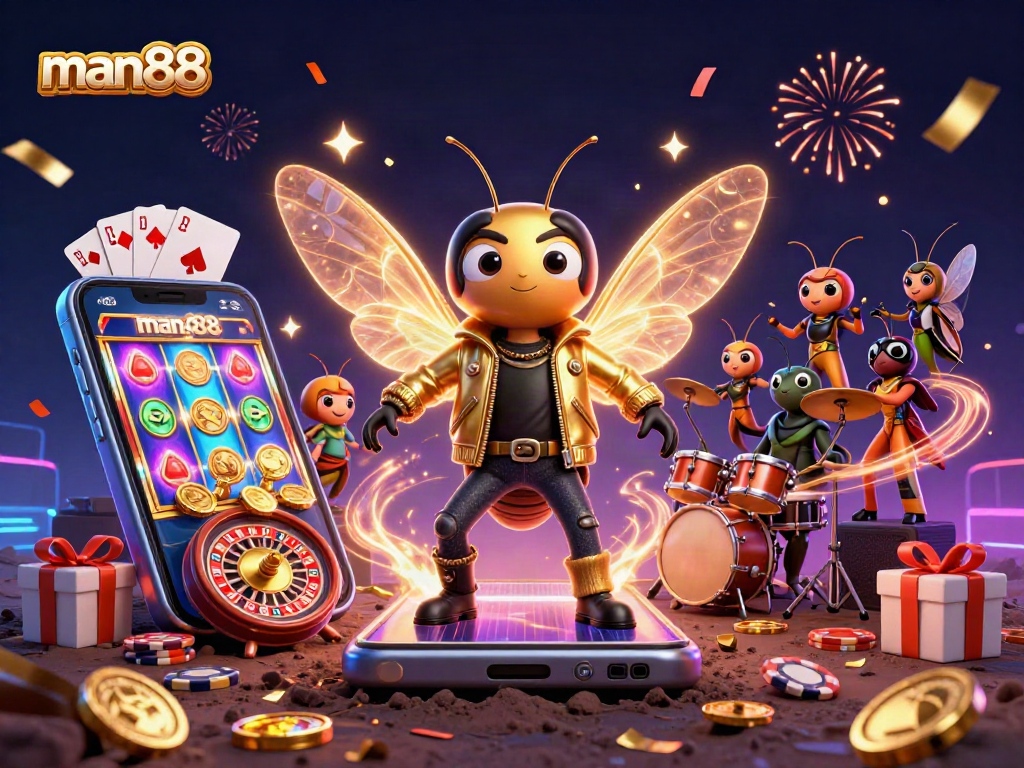 Experience the thrill of man88 with a dynamic illustration of a rock star cicada in a casino setting.
