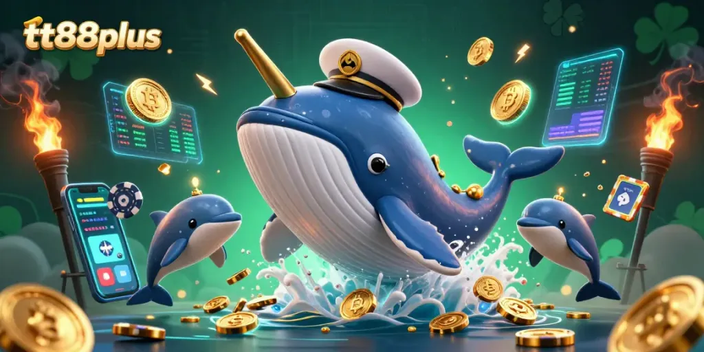 Engage with tt88plus as a whale bursts through golden coins amid crypto-themed elements and playful marine companions.