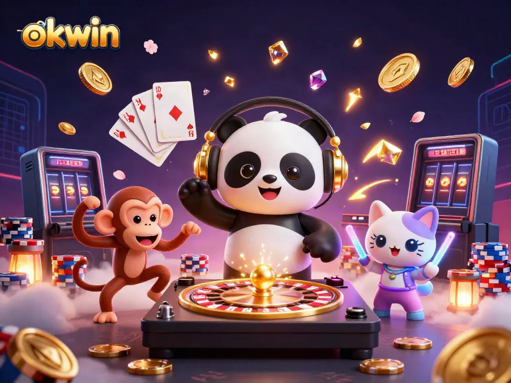 Engage in thrilling gaming adventures at okwin with a vibrant scene featuring a DJ panda and festive characters.