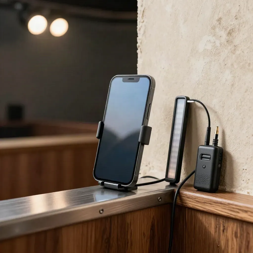 Smartphone in morsetto con pannello luce e sfondo teatrale sfocato in un corner live.