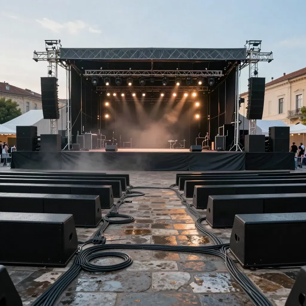 Palco vuoto in piazza con casse line-array, monitor e cavi, dopo la pioggia.