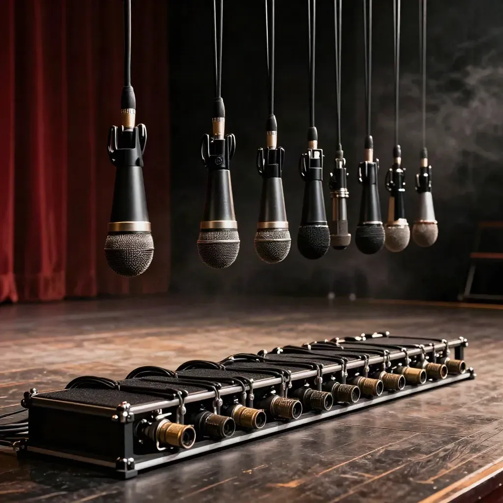 Palco teatrale vuoto con microfoni sospesi, diffusori allineati e pedana batteria pronta.