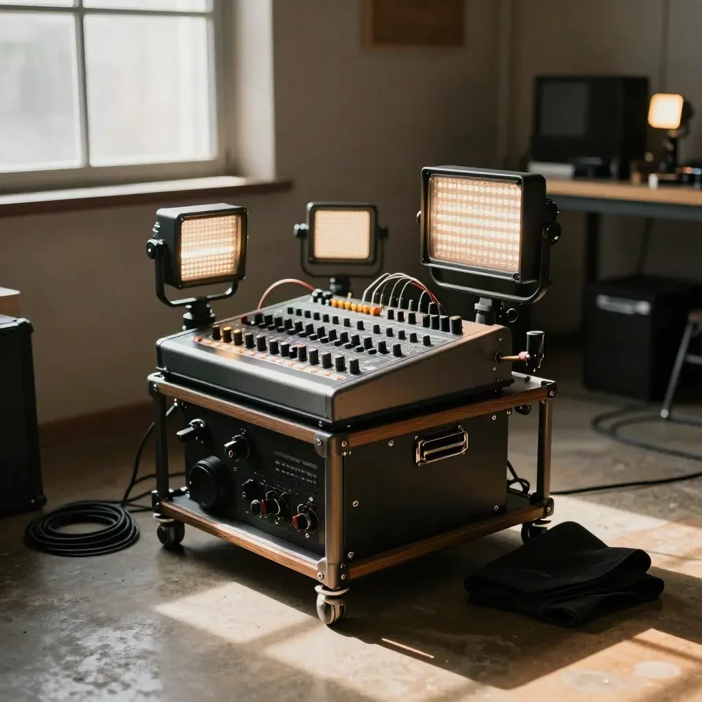 Nook streaming multicamera con supporti, switcher e luci LED in una stanza calda e fumosa