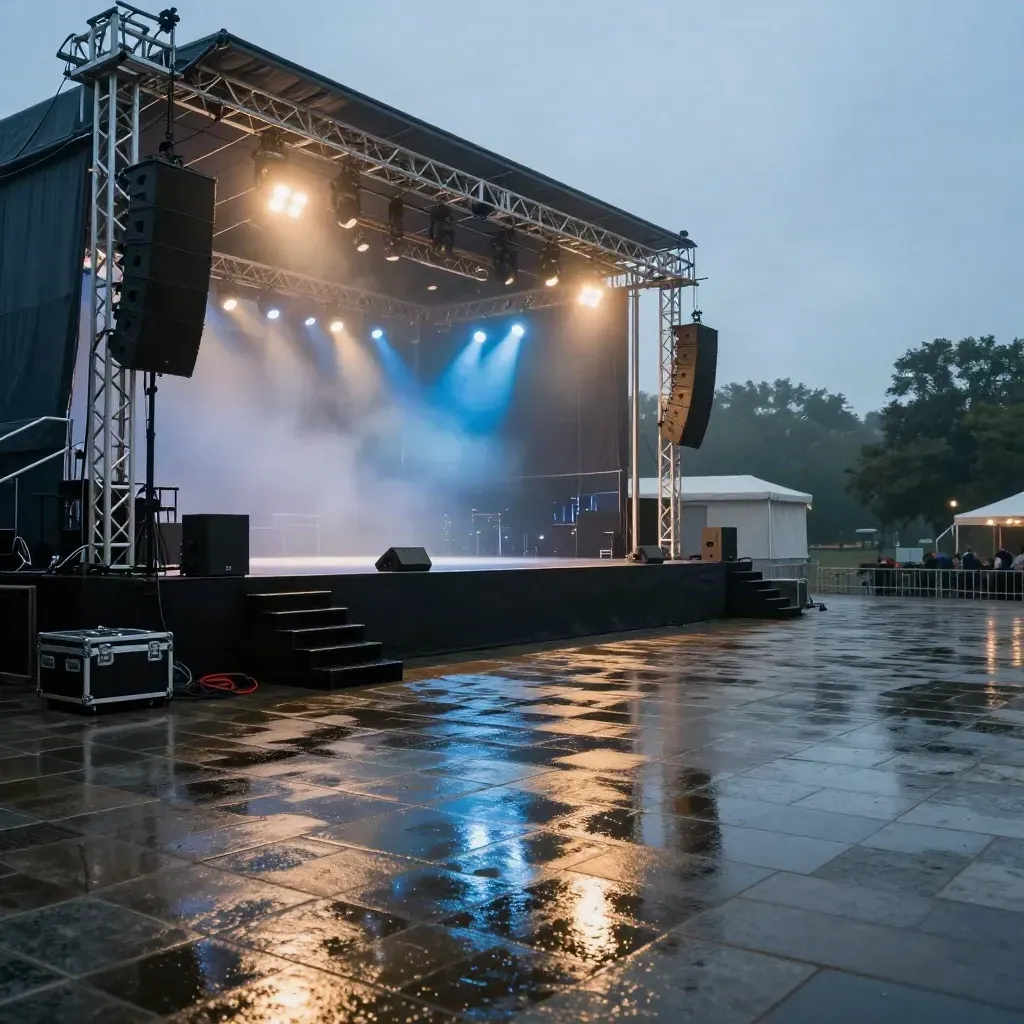 Palco concerti bagnato nella piazza, luci azzurre, nebbia leggera e spazio vuoto per il titolo.