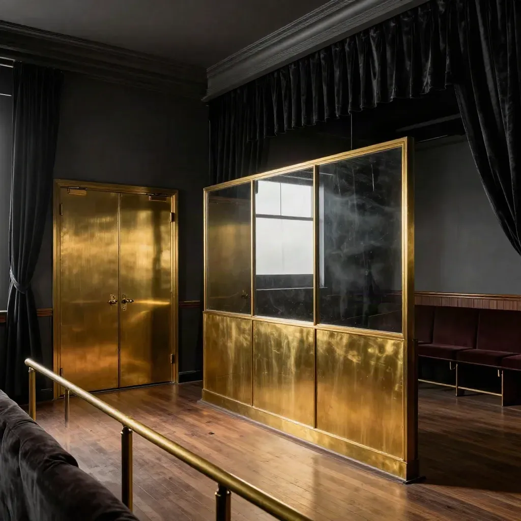 Interno di un club elegante vuoto con tende di palco, porte chiuse e divisorio in ottone