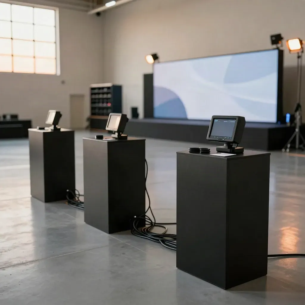 Sala eventi pronta per lo streaming live, con tre postazioni video e area check-in ordinata.