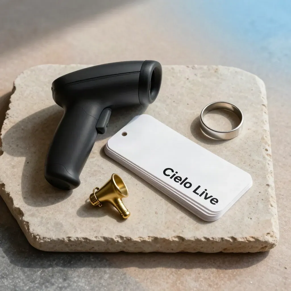 Flat lay dall’alto con scanner ticket, braccialetti ingresso e charm megafono su pietra.