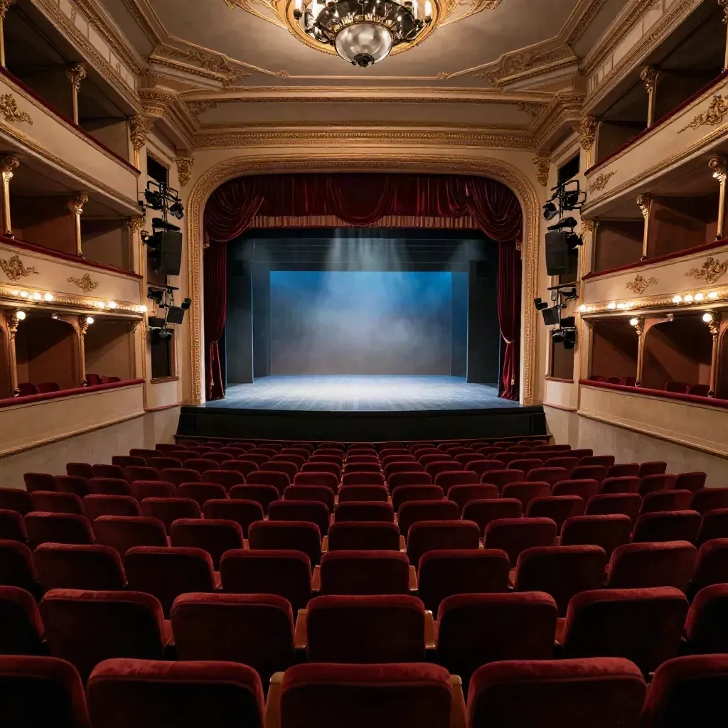 Teatro storico vuoto a Milano, palco acceso e torri audio allineate, atmosfera da sold out.
