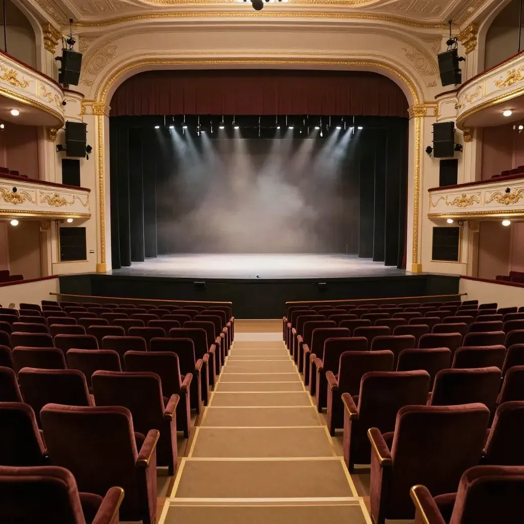 Teatro vuoto con microfoni sospesi, casse pulite e velluto, visto dal corridoio.