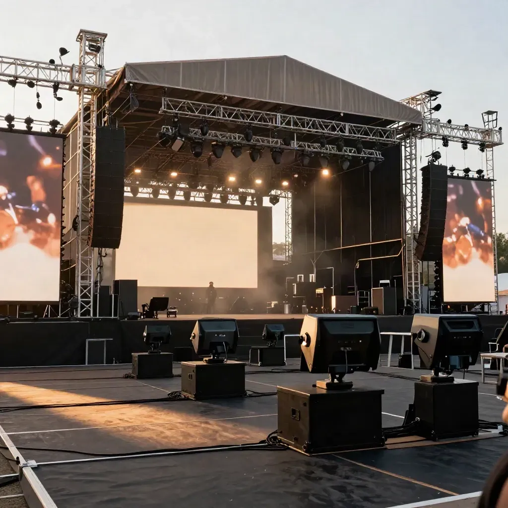 Palco festival vuoto con schermi laterali, luci calde e atmosfera fumosa.