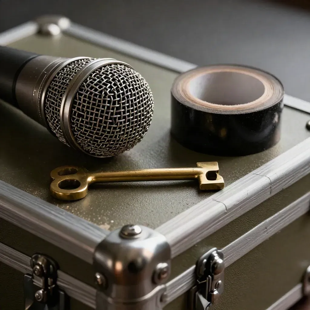 Capsula microfonica, chiave per batteria e nastro nero su flight case consumato.