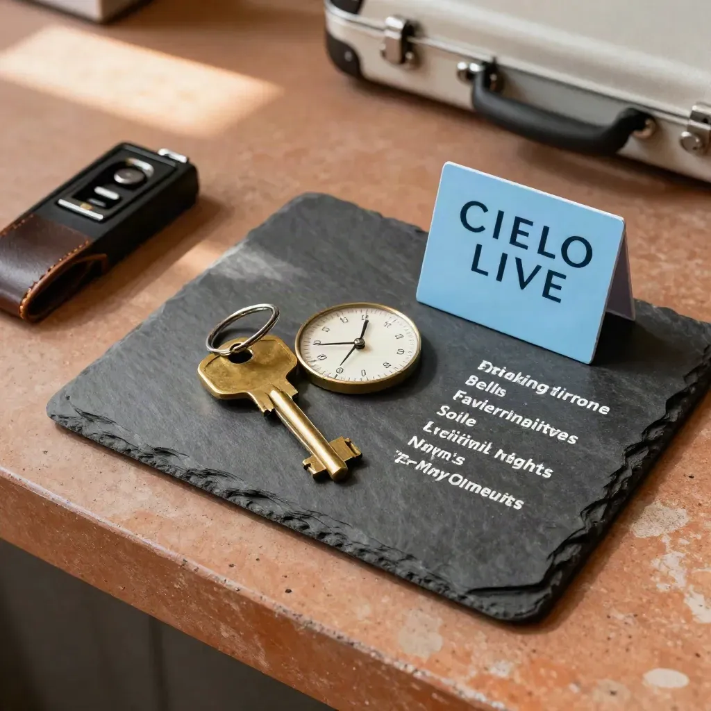 Chiavi in ottone, ruota date e segnaposto su ardesia, stile booking live