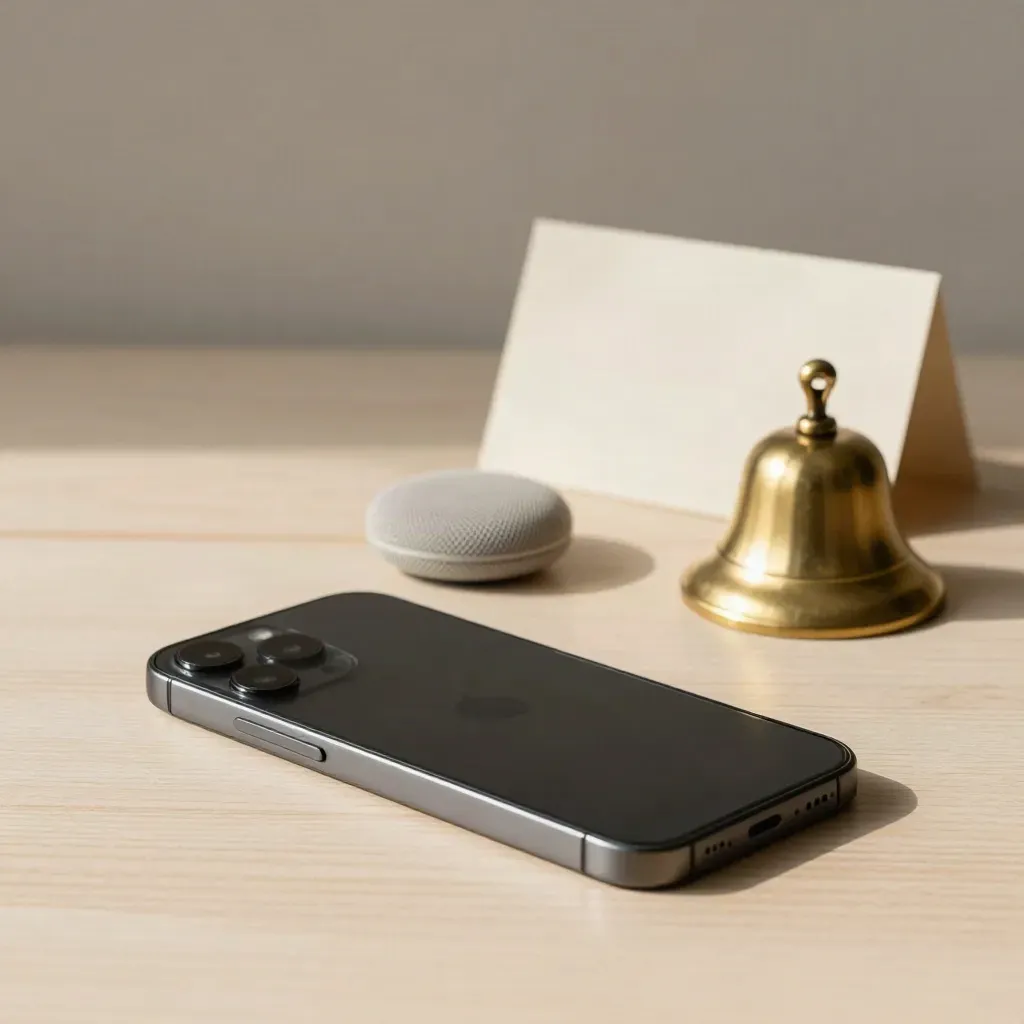 Smartphone, speakerphone e campanello in ottone su legno chiaro, luce morbida laterale.