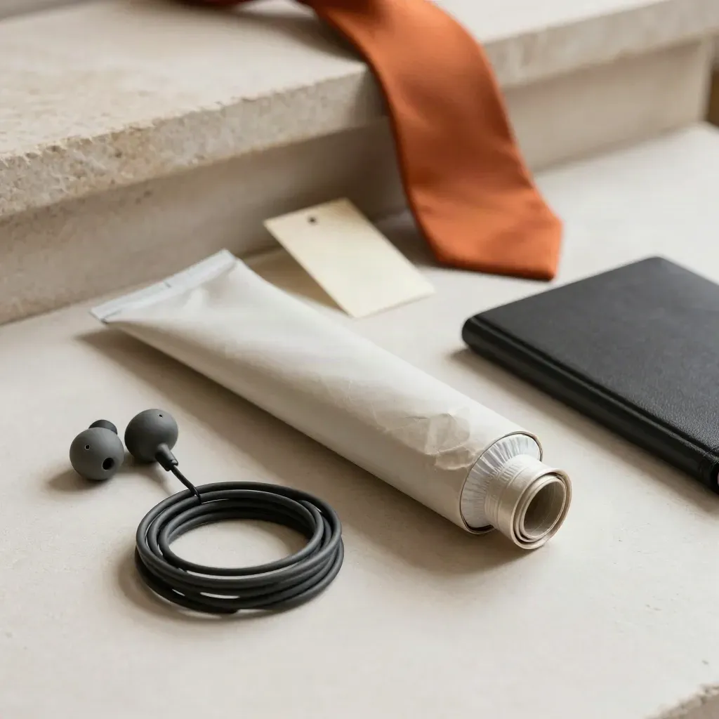Tube plot piegato, auricolari, fascette e quaderno nero su sfondo chiaro, luce morbida.