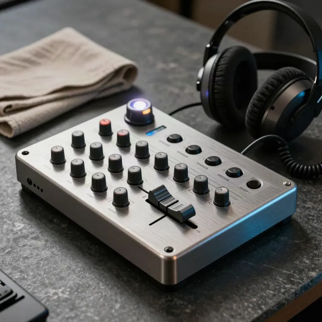 Switcher video, cuffie intercom e spia tally su vassoio metallico e pietra scura.