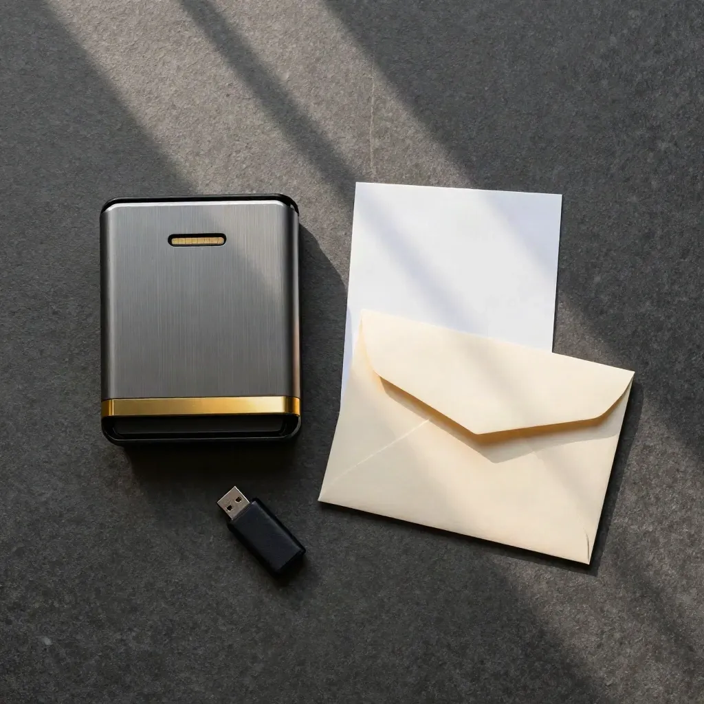 Flatlay dall’alto con card reader, chiavetta USB e busta sigillata su pietra scura.