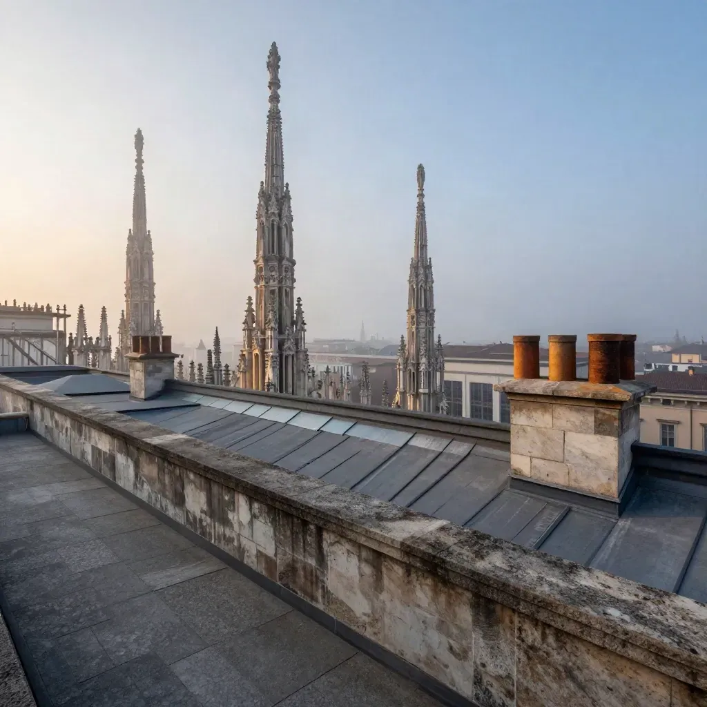 Skyline di Milano all’alba nella nebbia, guglie del Duomo sopra un terrazzo in travertino