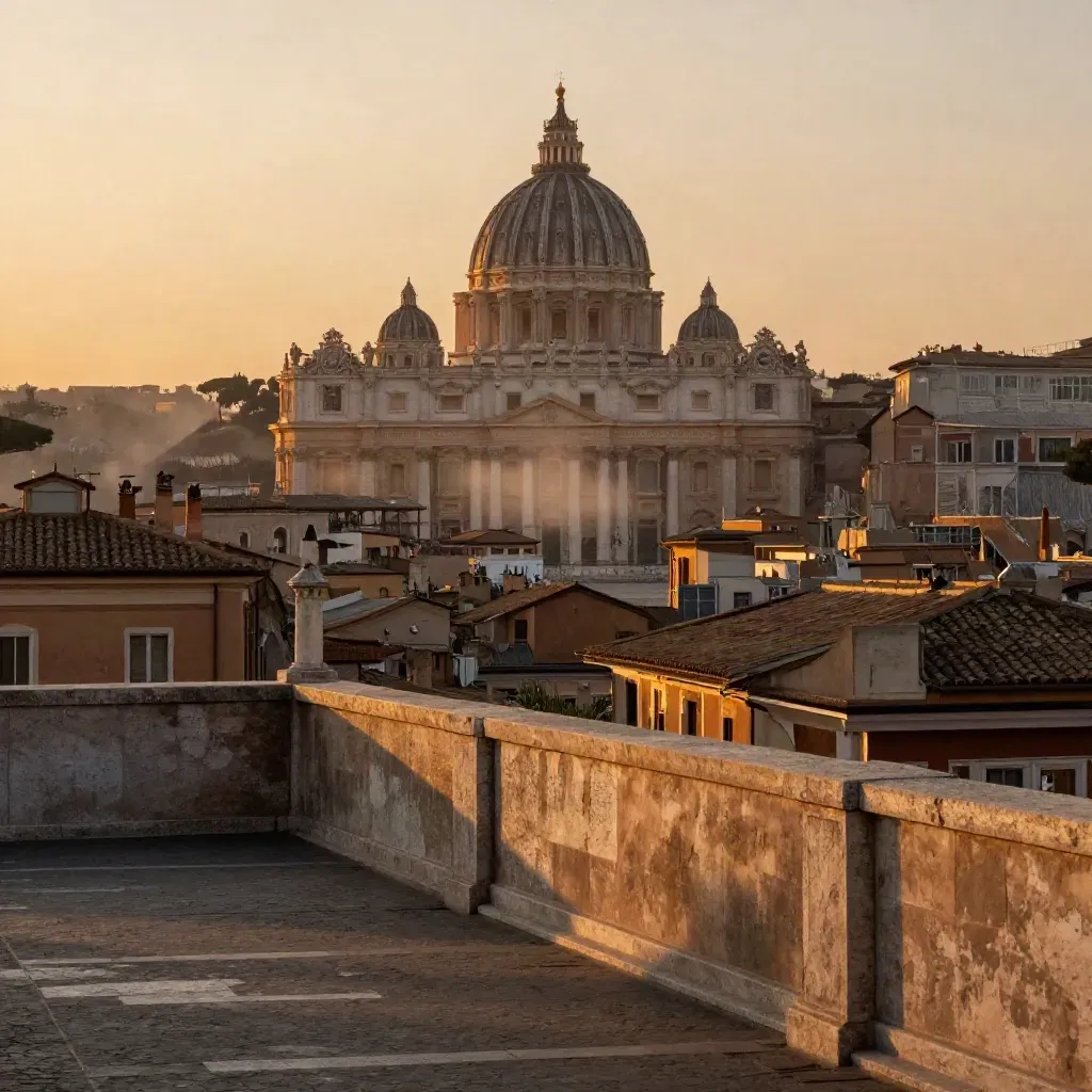 Roma al tramonto con cupola di San Pietro e tetti in terracotta nella foschia