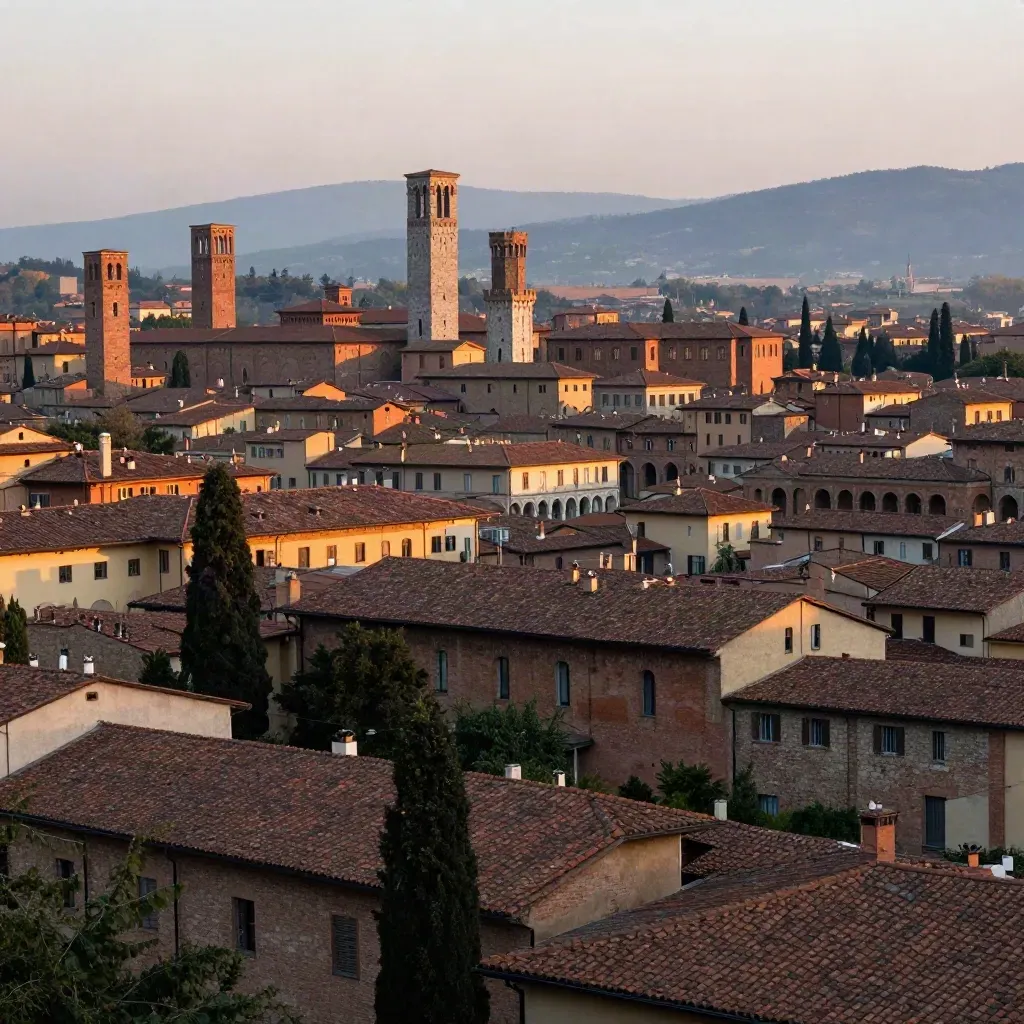 Bologna al tramonto con tetti rossi e colline appenniniche nella foschia dorata.