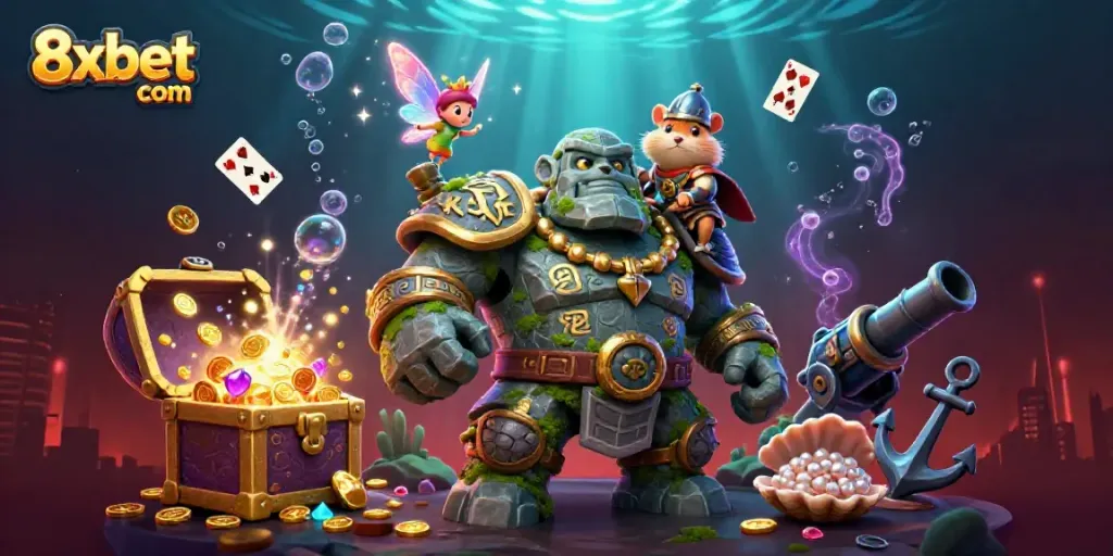 Experience the world of online gaming with 8xbet com as the stone golem guardian, fairy, and brave hamster knight create an enchanting scene.