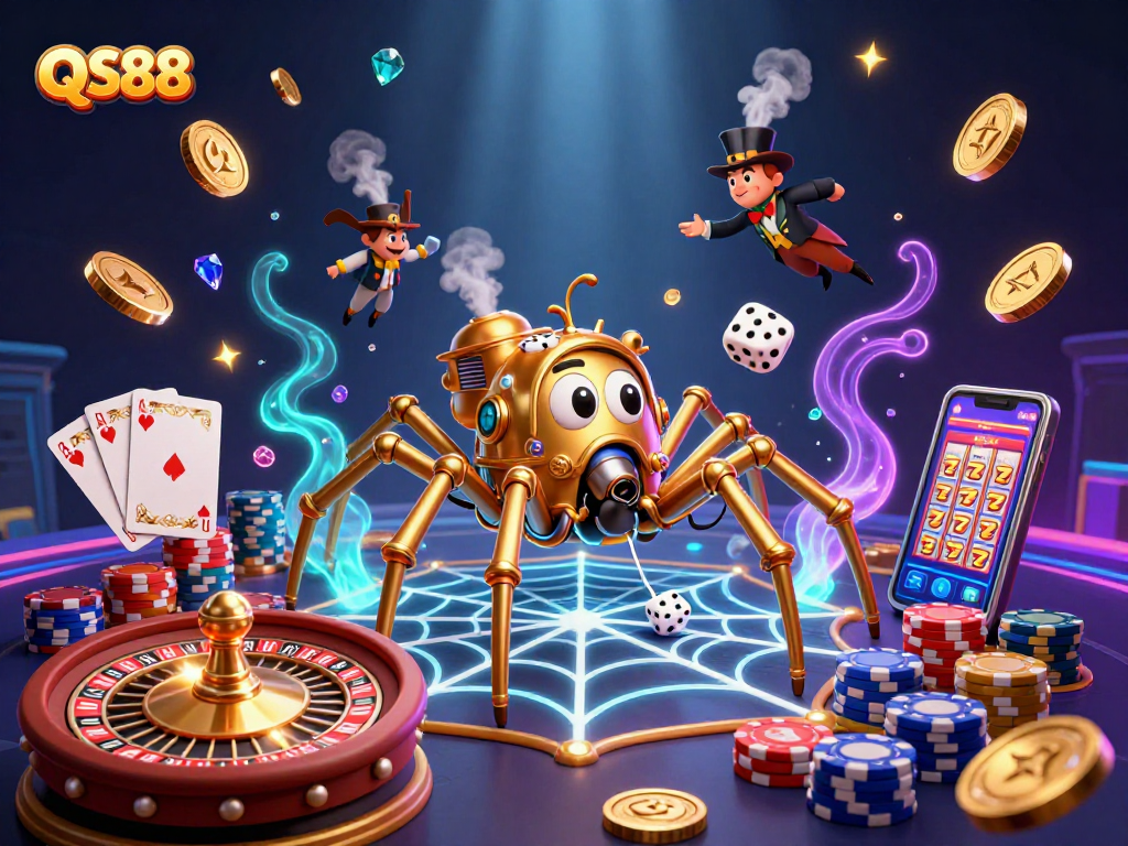 Engage with QS88's thrilling casino experience featuring a steampunk spider and vibrant gaming elements.