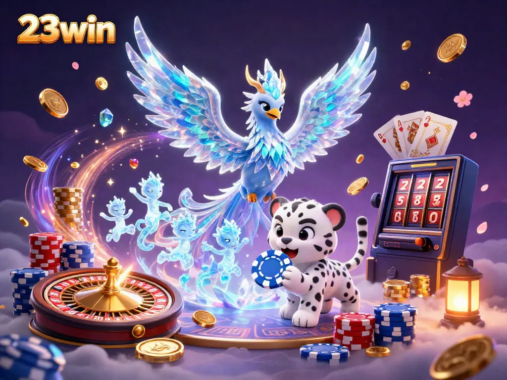 Engage with the vibrant 23win casino experience featuring an ice phoenix and a snow leopard.