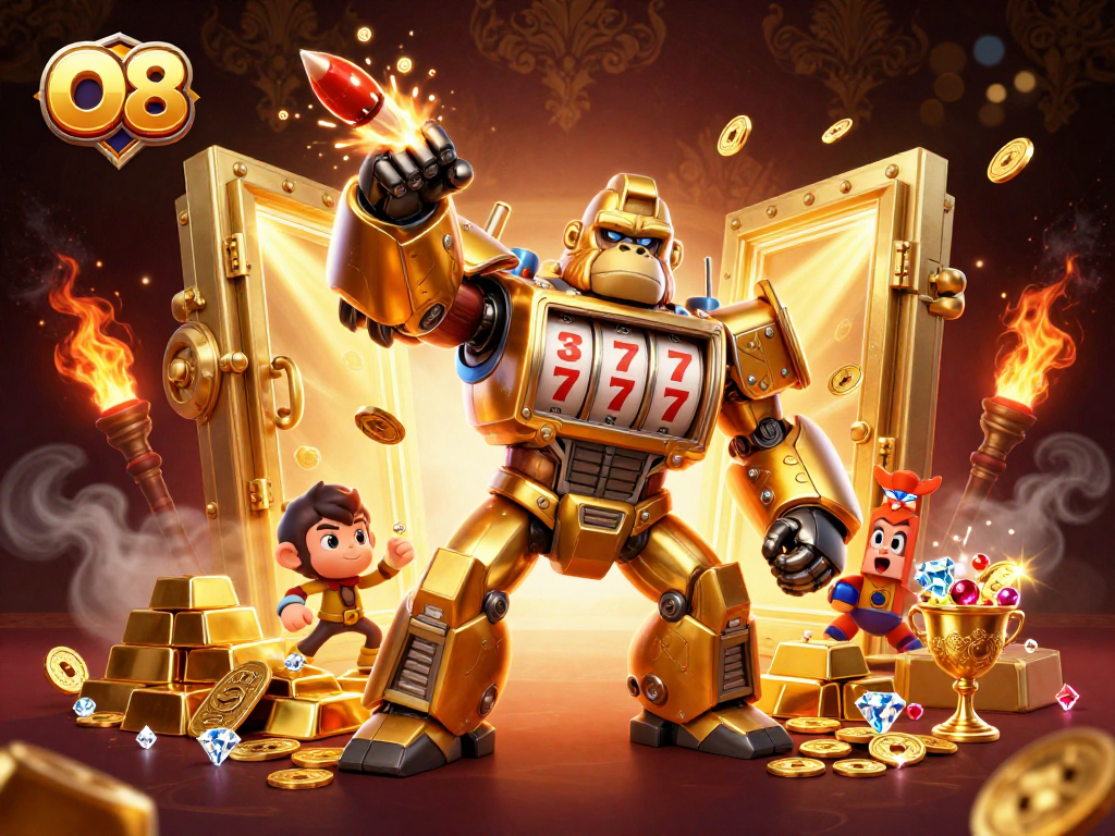 Win big with O8! A dynamic 3D gaming scene featuring a golden gorilla mech and treasures.