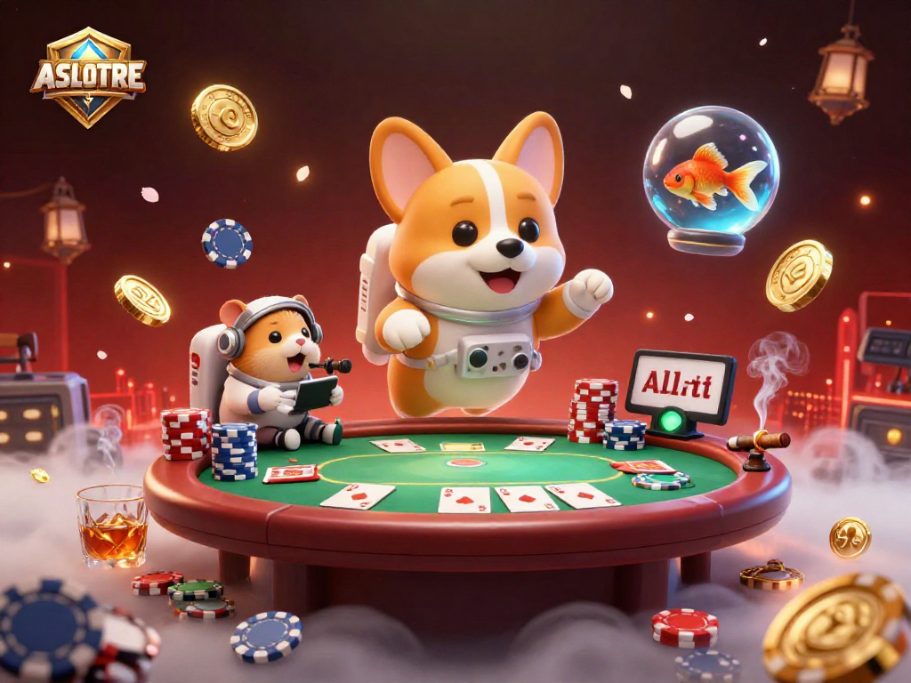 ASLOTRE showcases a whimsical 3D Casino scene with a floating corgi and poker elements.