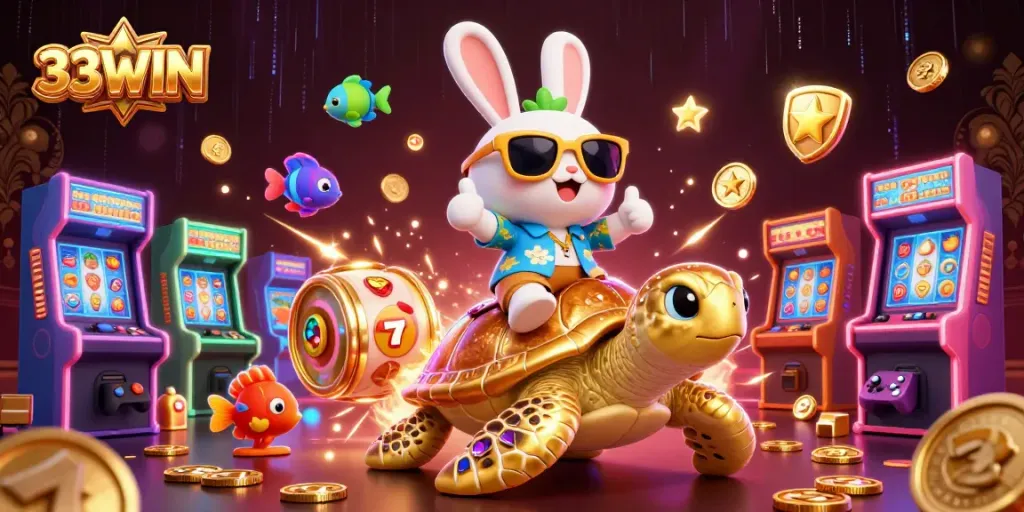 Join the fun at 33WIN with a lucky rabbit and golden sea turtle in a vibrant casino scene.