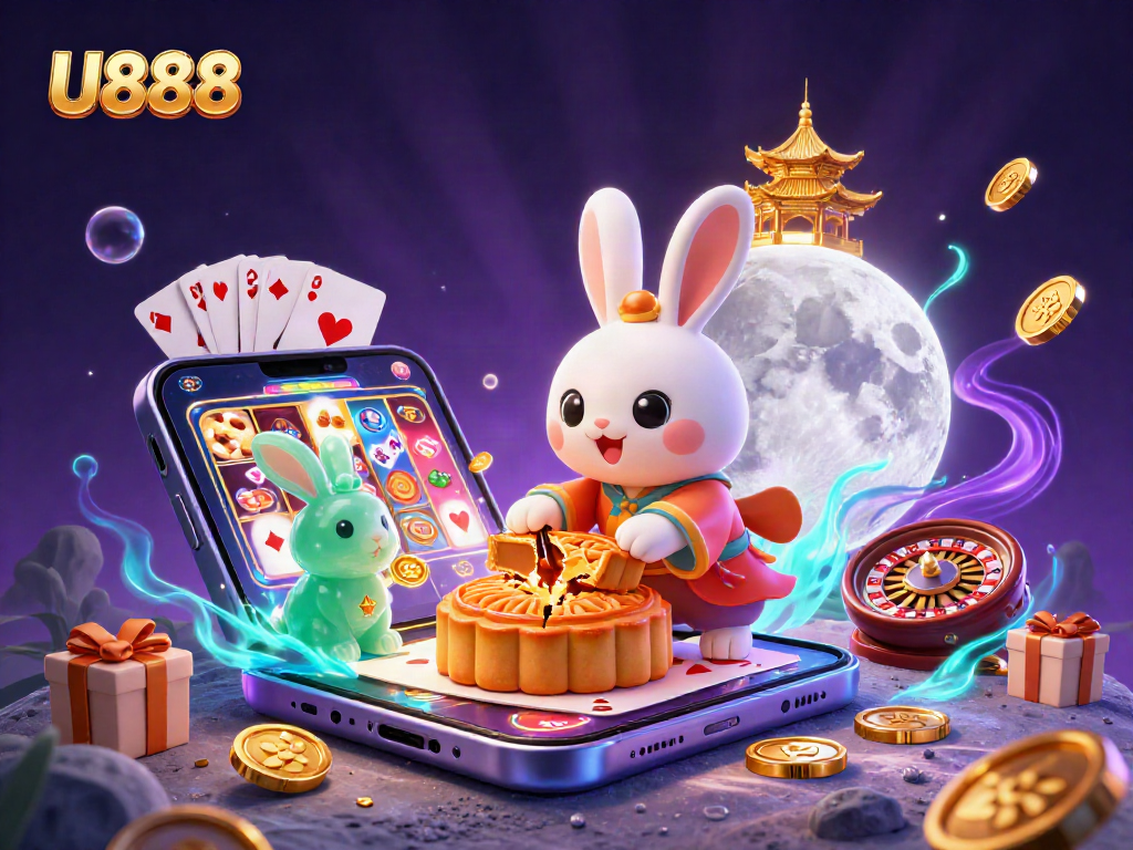 Win big at U888 with vibrant 3D illustration featuring casino elements and exciting gameplay.