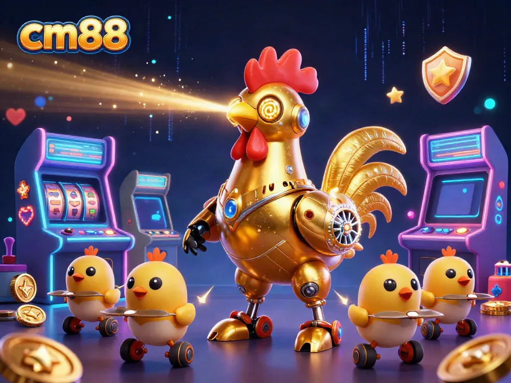 Engage with cm88's vibrant 3D illustration featuring a golden rooster robot amidst casino game elements.