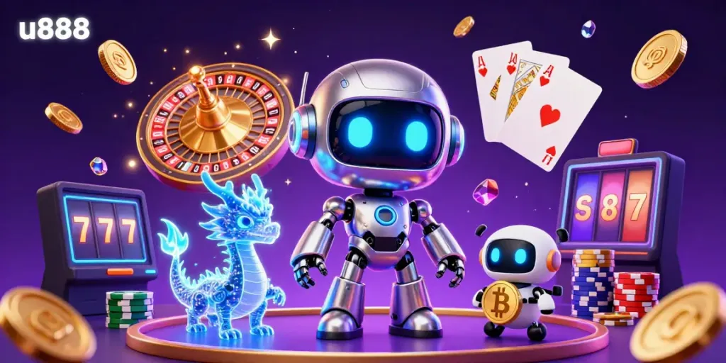 Experience gaming excitement with u888, showcasing vibrant casino elements and a futuristic 3D scene.