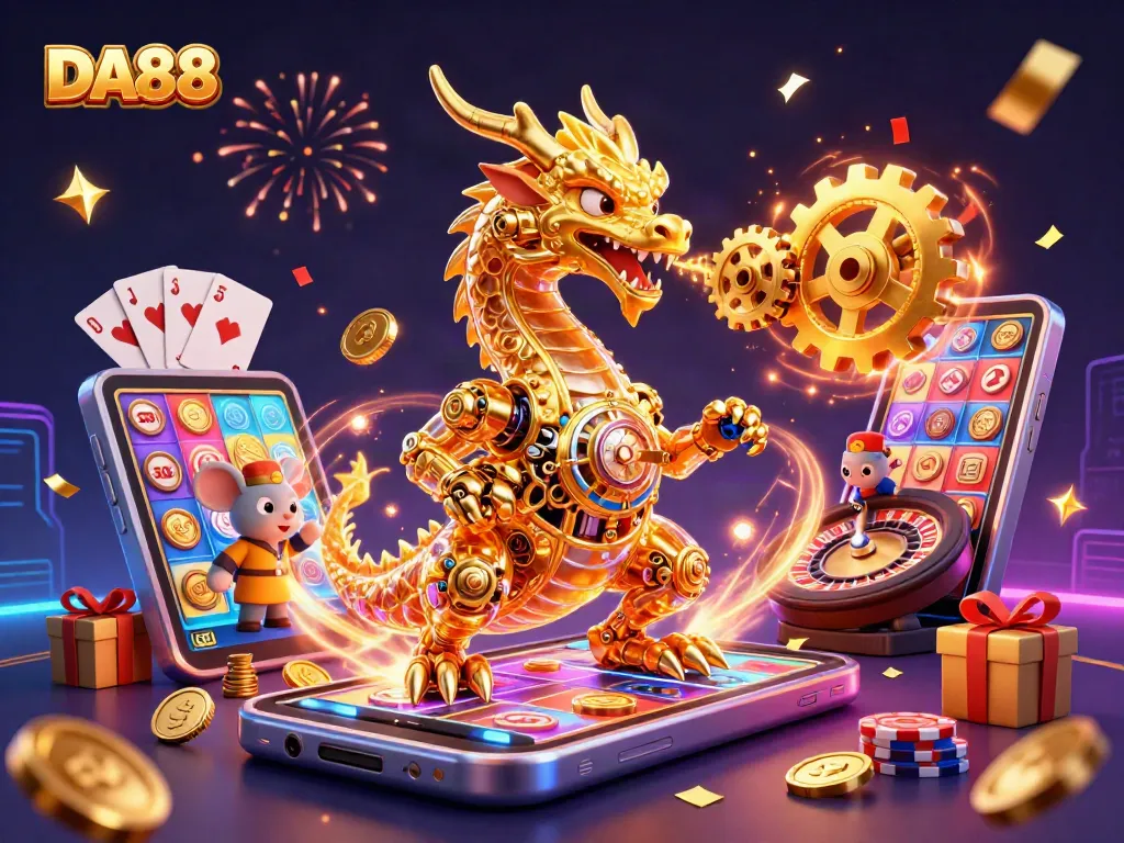 DA88 showcases thrilling gaming experiences with a golden dragon, spinning slots, and vibrant casino elements.