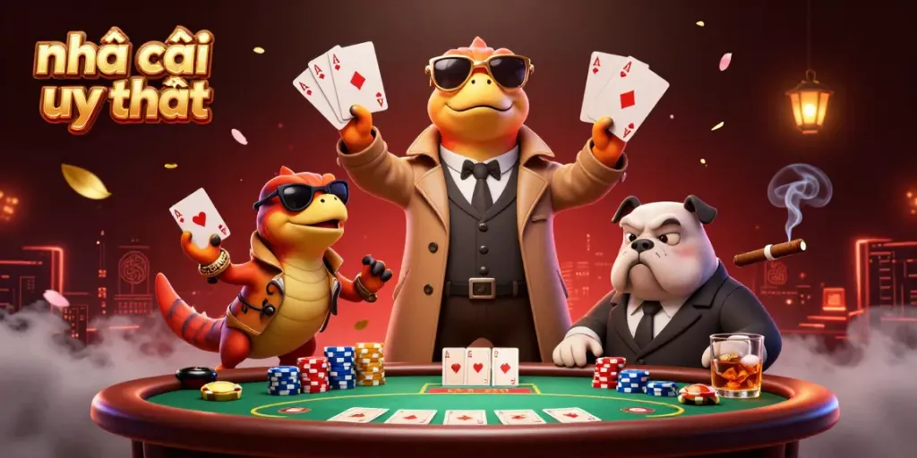 Experience the thrill of nhà cái uy tín with a comedic twist of raptors in a trench coat at a casino.