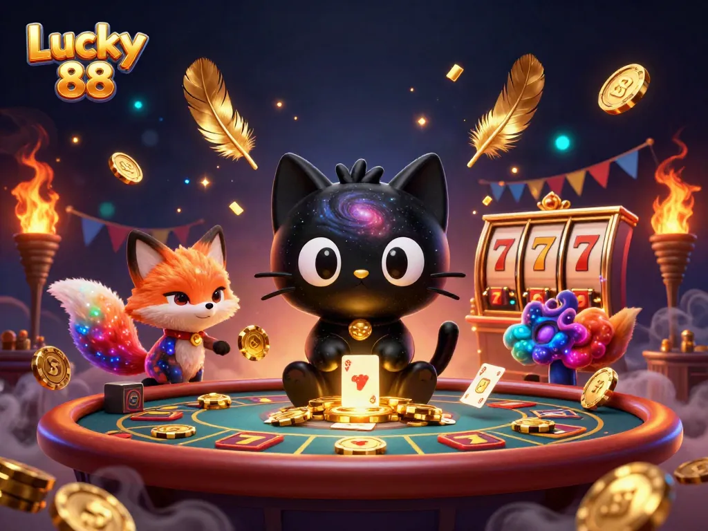 Engage in the exciting Lucky 88 casino experience with a captivating cosmic scene full of colorful characters and gaming elements.