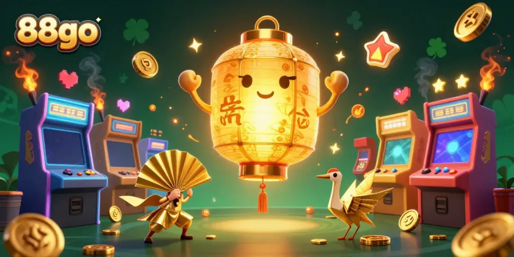 Engage with thrilling games at 88go, illuminated by a magical lantern spirit amidst lively casino elements.