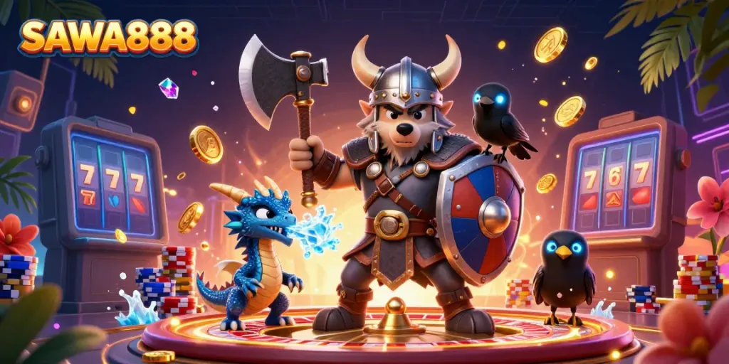 Experience thrilling gameplay at SAWA888 with vibrant 3D illustration featuring Viking warriors amidst golden coins.